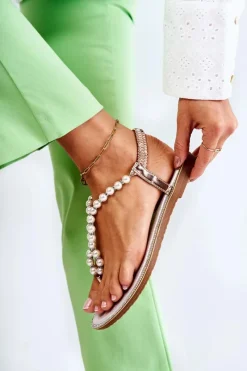 Best Boto Modne Sandały Japonki Z Perłami Różowe Złoto Isalia