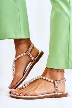 Best Boto Modne Sandały Japonki Z Perłami Różowe Złoto Isalia