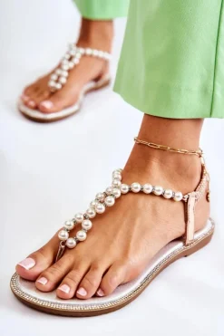 Best Boto Modne Sandały Japonki Z Perłami Różowe Złoto Isalia