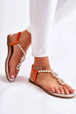 Best Boto Modne Sandały Japonki Z Perłami Pomarańczowe Isalia