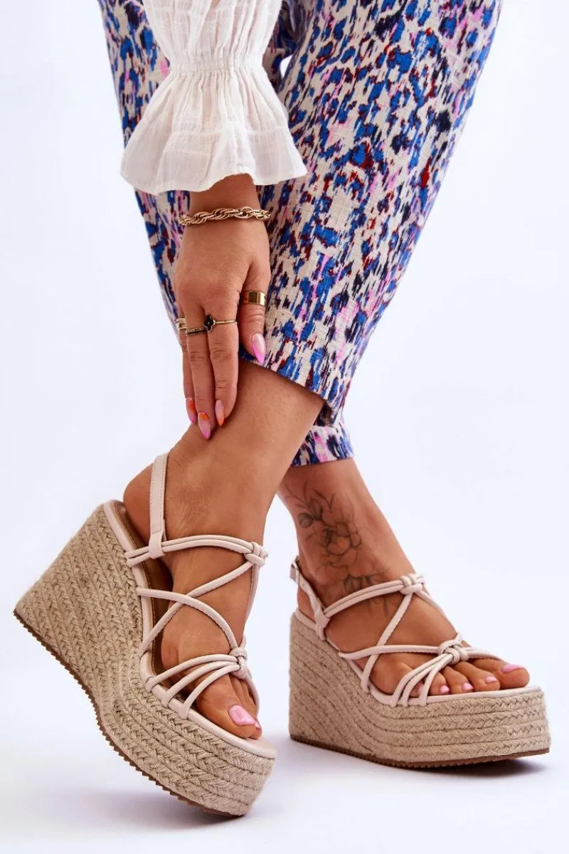 Clearance Modne Sandały Na Koturnie Z Plecionką Beżowe Nessia Damskie Sandały Na Koturnie