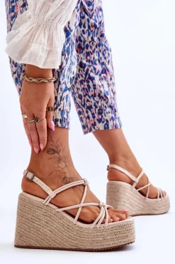 Clearance Modne Sandały Na Koturnie Z Plecionką Beżowe Nessia Damskie Sandały Na Koturnie