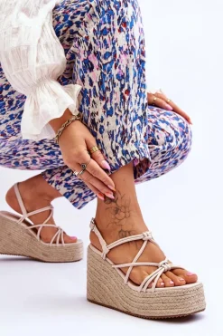 Clearance Modne Sandały Na Koturnie Z Plecionką Beżowe Nessia Damskie Sandały Na Koturnie