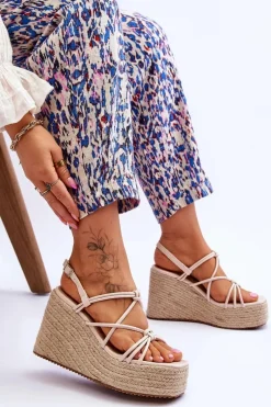 Clearance Modne Sandały Na Koturnie Z Plecionką Beżowe Nessia Damskie Sandały Na Koturnie