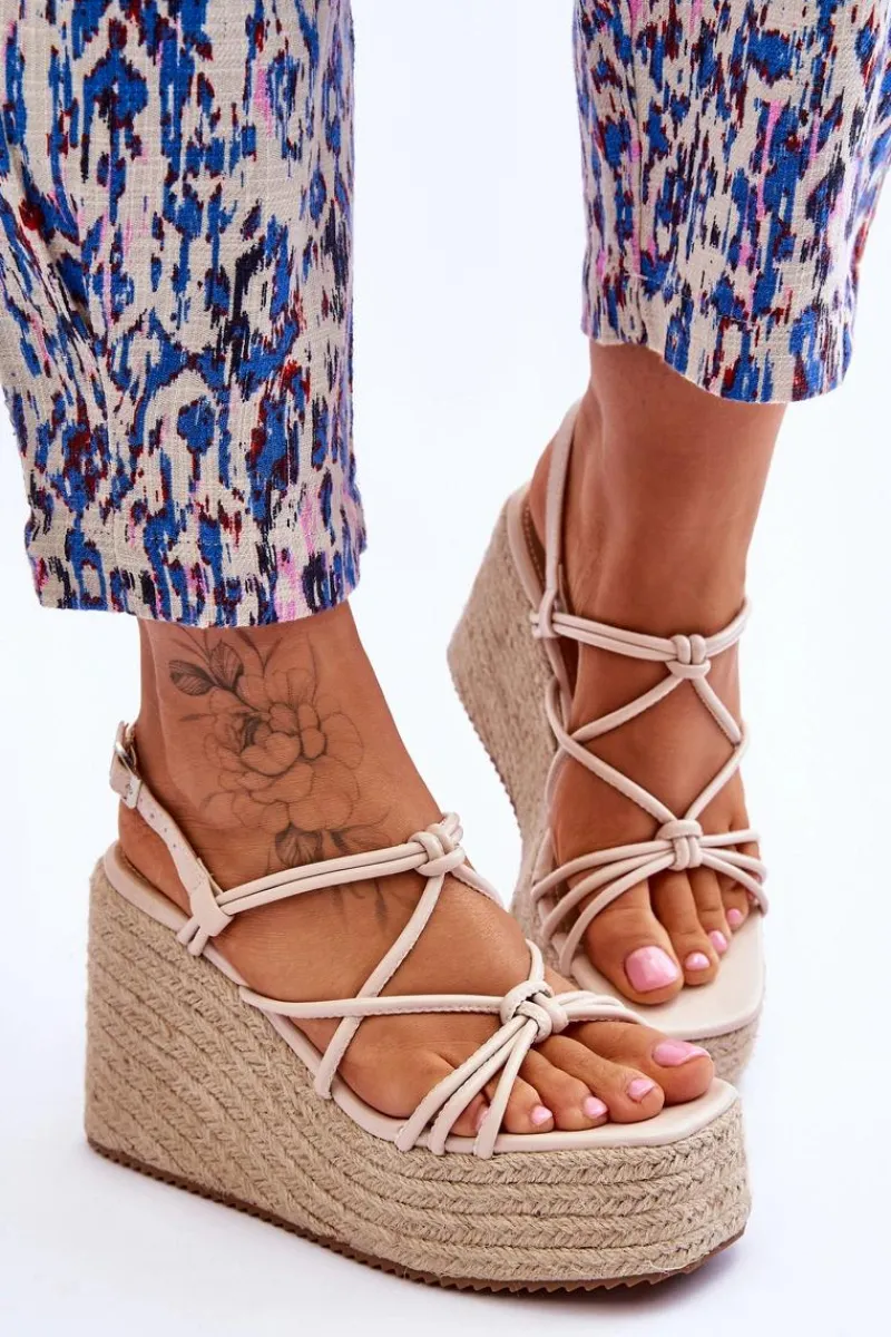 Clearance Modne Sandały Na Koturnie Z Plecionką Beżowe Nessia Damskie Sandały Na Koturnie