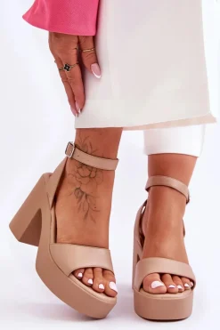 Modne Sandały Na Masywnym Obcasie Beżowe Karmine Damskie Sandały Na Obcasie