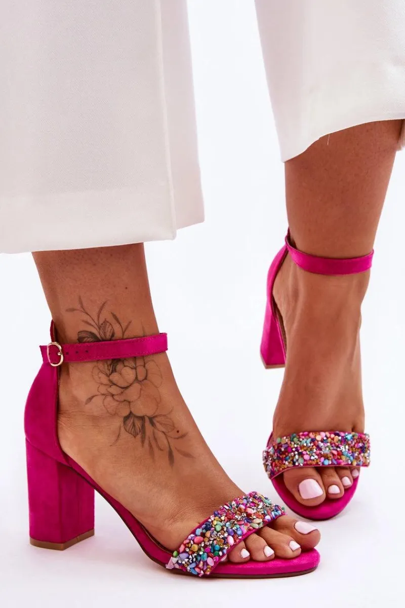 Discount Modne Sandały Na Obcasie Z Ozdobnymi Kamieniami Fuksja Love Me Damskie Sandały Na Obcasie