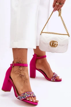 Discount Modne Sandały Na Obcasie Z Ozdobnymi Kamieniami Fuksja Love Me Damskie Sandały Na Obcasie