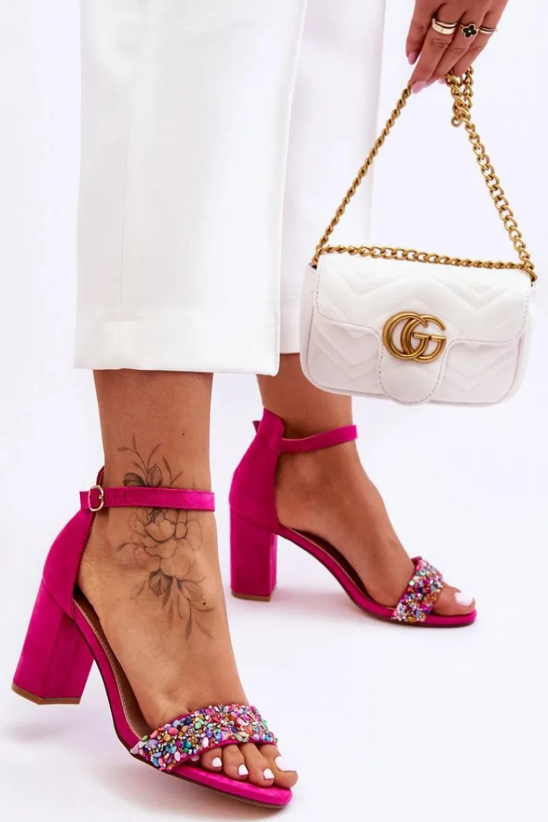 Discount Modne Sandały Na Obcasie Z Ozdobnymi Kamieniami Fuksja Love Me Damskie Sandały Na Obcasie