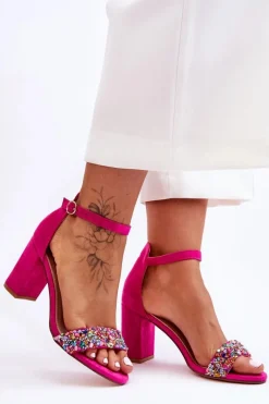 Discount Modne Sandały Na Obcasie Z Ozdobnymi Kamieniami Fuksja Love Me Damskie Sandały Na Obcasie