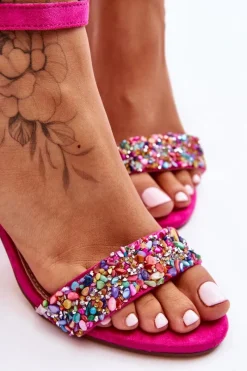 Discount Modne Sandały Na Obcasie Z Ozdobnymi Kamieniami Fuksja Love Me Damskie Sandały Na Obcasie