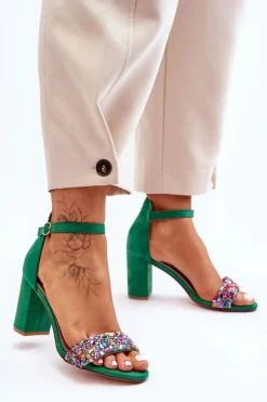 Clearance Modne Sandały Na Obcasie Z Ozdobnymi Kamieniami Zielone Love Me Damskie Sandały Na Obcasie