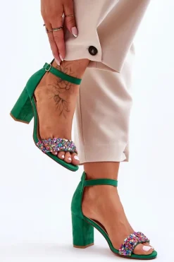 Clearance Modne Sandały Na Obcasie Z Ozdobnymi Kamieniami Zielone Love Me Damskie Sandały Na Obcasie