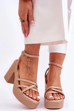 Discount Modne Sandały Na Obcasie Z Paseczkami Beżowe Shemira Damskie Sandały Na Obcasie