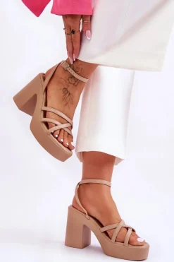 Discount Modne Sandały Na Obcasie Z Paseczkami Beżowe Shemira Damskie Sandały Na Obcasie