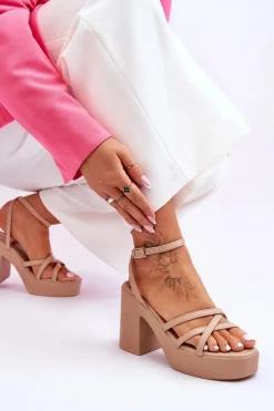 Discount Modne Sandały Na Obcasie Z Paseczkami Beżowe Shemira Damskie Sandały Na Obcasie