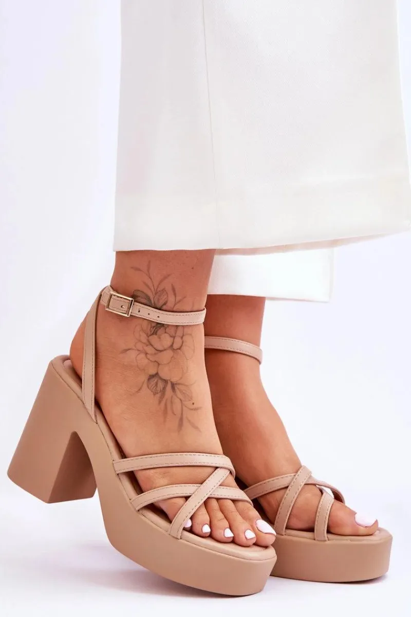 Discount Modne Sandały Na Obcasie Z Paseczkami Beżowe Shemira Damskie Sandały Na Obcasie