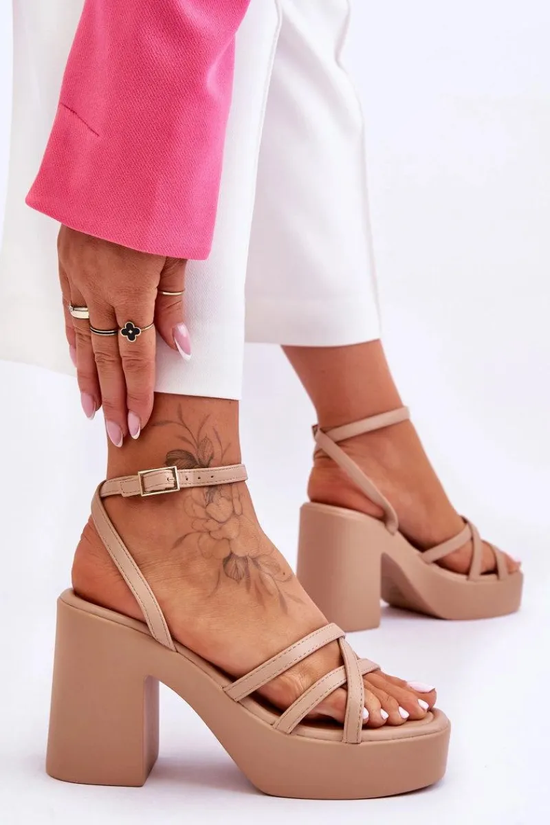 Discount Modne Sandały Na Obcasie Z Paseczkami Beżowe Shemira Damskie Sandały Na Obcasie