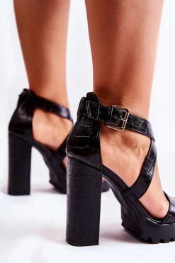 Clearance Modne Sandały Na Słupku Z Paskiem Wężowe Czarne Rammis Damskie Sandały Na Obcasie