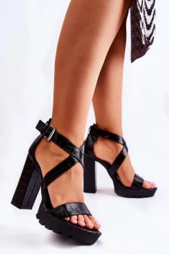 Clearance Modne Sandały Na Słupku Z Paskiem Wężowe Czarne Rammis Damskie Sandały Na Obcasie