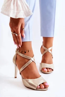 Clearance Modne Sandały Na Szpilce Błyszczące Złote Loressa Damskie Sandały Na Obcasie