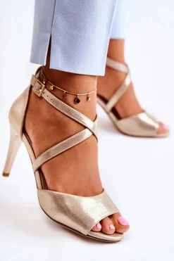 Clearance Modne Sandały Na Szpilce Błyszczące Złote Loressa Damskie Sandały Na Obcasie