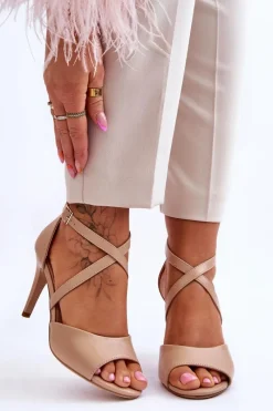 Sandały Na Obcasie>Buty Sergio Leone Modne Sandały Na Szpilce Ciemnobeżowe Loressa