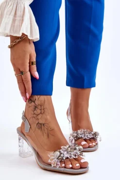 Sandały Na Obcasie>Damskie buty S.Barski Modne Sandały Z Koralikami Szare Terrance