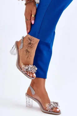 Sandały Na Obcasie>Damskie buty S.Barski Modne Sandały Z Koralikami Szare Terrance