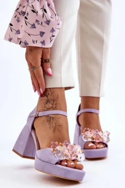 Boto Modne Sandały Z Kryształami Na Masywnym Obcasie Fioletowe Garrett