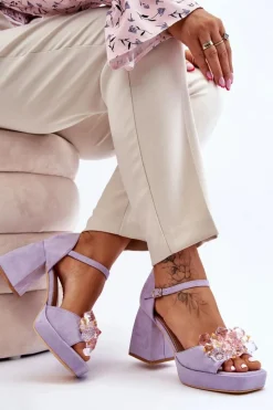 Boto Modne Sandały Z Kryształami Na Masywnym Obcasie Fioletowe Garrett