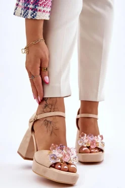 Hot Boto Modne Sandały Z Kryształami Na Masywnym Obcasie Beżowe Garrett