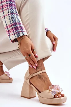 Hot Boto Modne Sandały Z Kryształami Na Masywnym Obcasie Beżowe Garrett