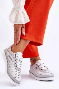 New Modne Skórzane Ażurowe Buty Sportowe Biało-Srebrne Cantare Damskie Buty Sportowe Na Platformie|Sneakersy Damskie