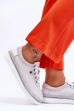 New Modne Skórzane Ażurowe Buty Sportowe Biało-Srebrne Cantare Damskie Buty Sportowe Na Platformie|Sneakersy Damskie