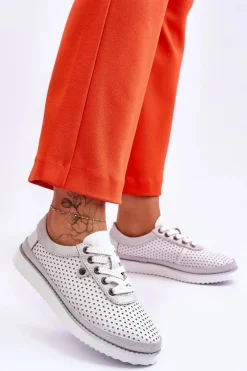 New Modne Skórzane Ażurowe Buty Sportowe Biało-Srebrne Cantare Damskie Buty Sportowe Na Platformie|Sneakersy Damskie