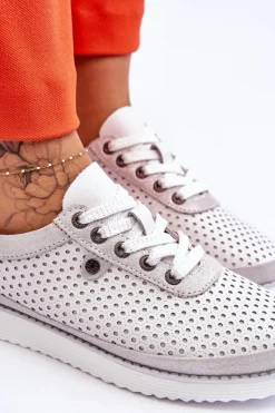 New Modne Skórzane Ażurowe Buty Sportowe Biało-Srebrne Cantare Damskie Buty Sportowe Na Platformie|Sneakersy Damskie