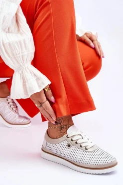 Sneakersy Damskie|Buty Sportowe Na Platformie>Damskie buty S.Barski Modne Skórzane Ażurowe Buty Sportowe Biało-Złote Cantare