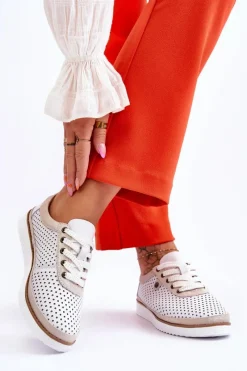 Sneakersy Damskie|Buty Sportowe Na Platformie></noscript>Damskie buty S.Barski Modne Skórzane Ażurowe Buty Sportowe Biało-Złote Cantare