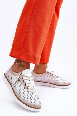 Sneakersy Damskie|Buty Sportowe Na Platformie></noscript>Damskie buty S.Barski Modne Skórzane Ażurowe Buty Sportowe Biało-Złote Cantare