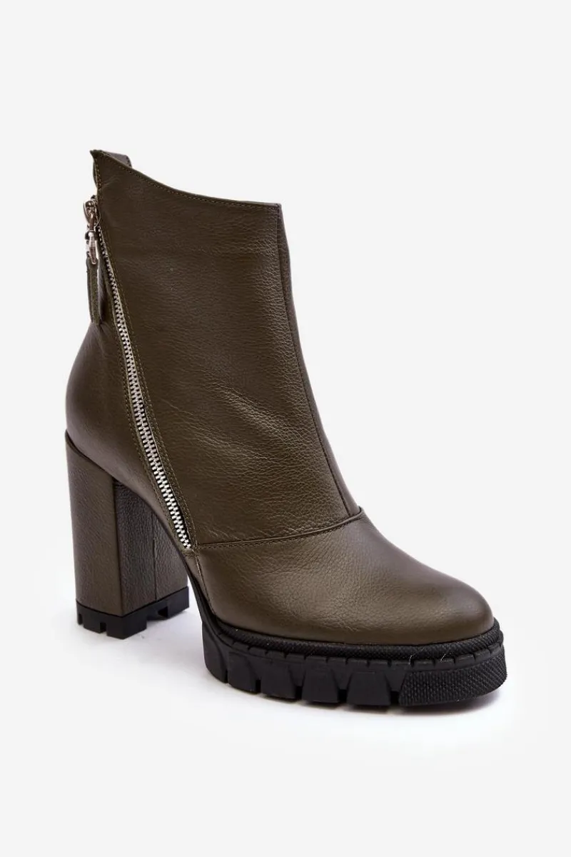 Botki Skórzane|Botki Na Słupku>Laura Messi Modne Skórzane Botki Na Obcasie 2509 Ciemnozielone