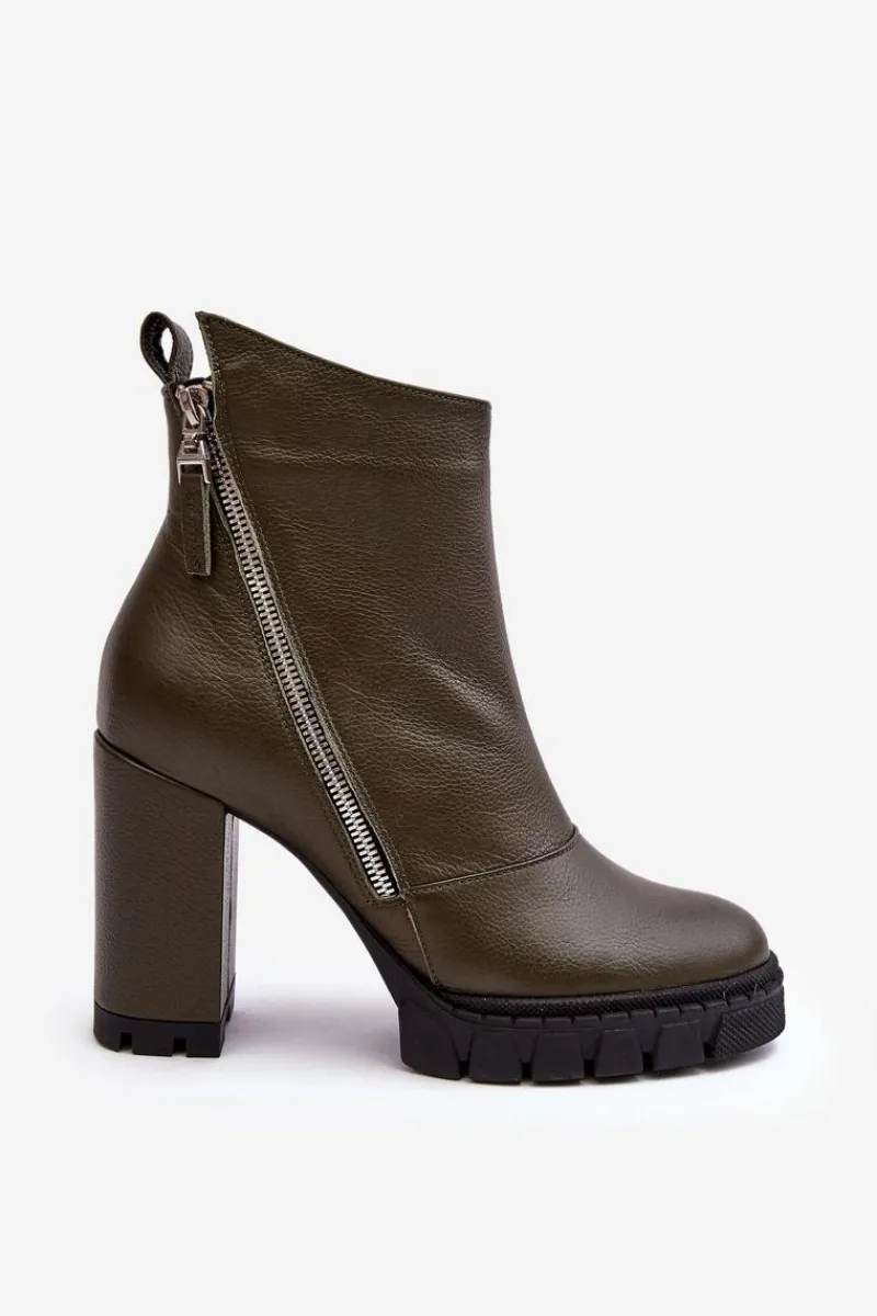 Botki Skórzane|Botki Na Słupku>Laura Messi Modne Skórzane Botki Na Obcasie 2509 Ciemnozielone