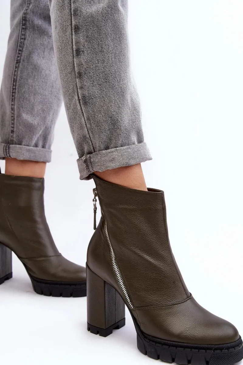 Botki Skórzane|Botki Na Słupku>Laura Messi Modne Skórzane Botki Na Obcasie 2509 Ciemnozielone