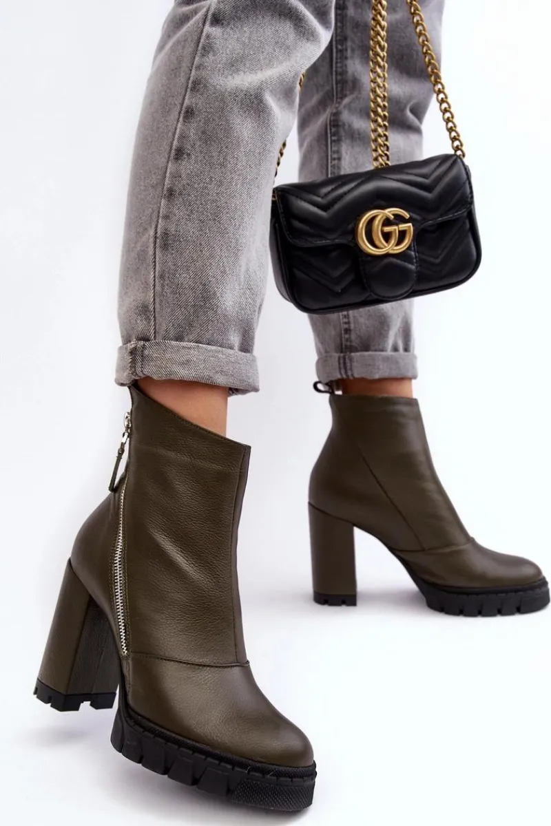 Botki Skórzane|Botki Na Słupku>Laura Messi Modne Skórzane Botki Na Obcasie 2509 Ciemnozielone