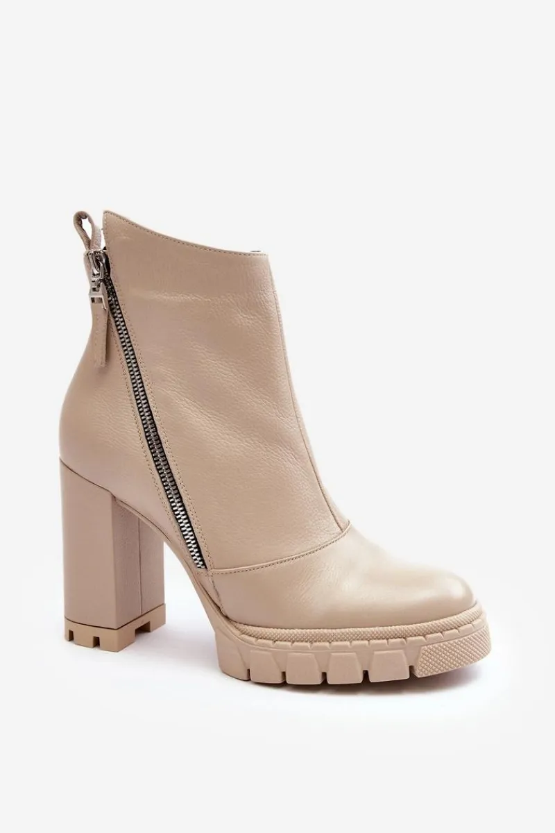 Discount Modne Skórzane Botki Na Obcasie 2509 Jasnobeżowe Damskie Botki Na Słupku|Botki Zimowe Damskie