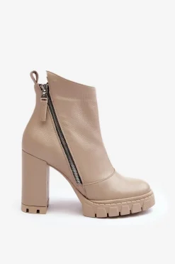 Discount Modne Skórzane Botki Na Obcasie 2509 Jasnobeżowe Damskie Botki Na Słupku|Botki Zimowe Damskie