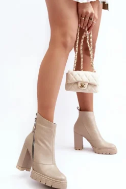 Discount Modne Skórzane Botki Na Obcasie 2509 Jasnobeżowe Damskie Botki Na Słupku|Botki Zimowe Damskie