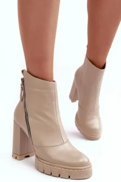 Discount Modne Skórzane Botki Na Obcasie 2509 Jasnobeżowe Damskie Botki Na Słupku|Botki Zimowe Damskie