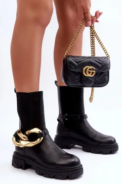 Outlet Boto Modne Skórzane Botki Sztyblety z Łańcuchem Czarne Kambiz