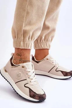 Buty Sportowe Na Platformie|Sneakersy Damskie></noscript>Boto Modne Skórzane Buty Sportowe Beżowo-Brązowe Rachel